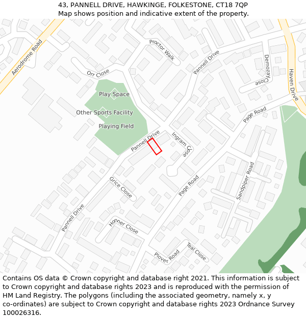 43, PANNELL DRIVE, HAWKINGE, FOLKESTONE, CT18 7QP: Location map and indicative extent of plot