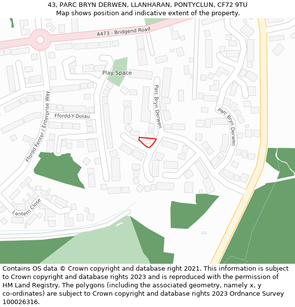 43, PARC BRYN DERWEN, LLANHARAN, PONTYCLUN, CF72 9TU: Location map and indicative extent of plot