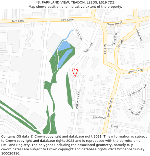 43, PARKLAND VIEW, YEADON, LEEDS, LS19 7DZ: Location map and indicative extent of plot