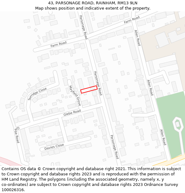 43, PARSONAGE ROAD, RAINHAM, RM13 9LN: Location map and indicative extent of plot