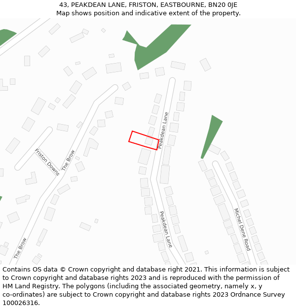 43, PEAKDEAN LANE, FRISTON, EASTBOURNE, BN20 0JE: Location map and indicative extent of plot