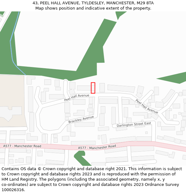 43, PEEL HALL AVENUE, TYLDESLEY, MANCHESTER, M29 8TA: Location map and indicative extent of plot