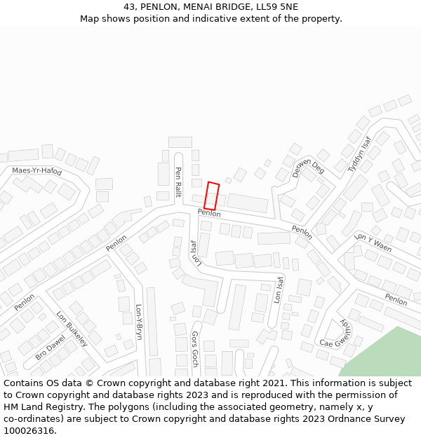 43, PENLON, MENAI BRIDGE, LL59 5NE: Location map and indicative extent of plot