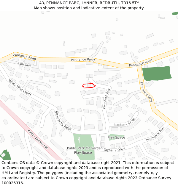 43, PENNANCE PARC, LANNER, REDRUTH, TR16 5TY: Location map and indicative extent of plot