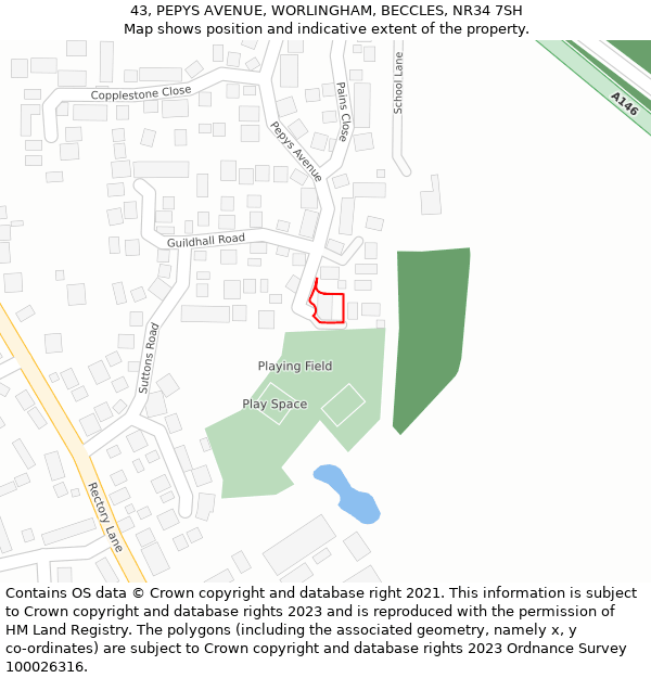 43, PEPYS AVENUE, WORLINGHAM, BECCLES, NR34 7SH: Location map and indicative extent of plot