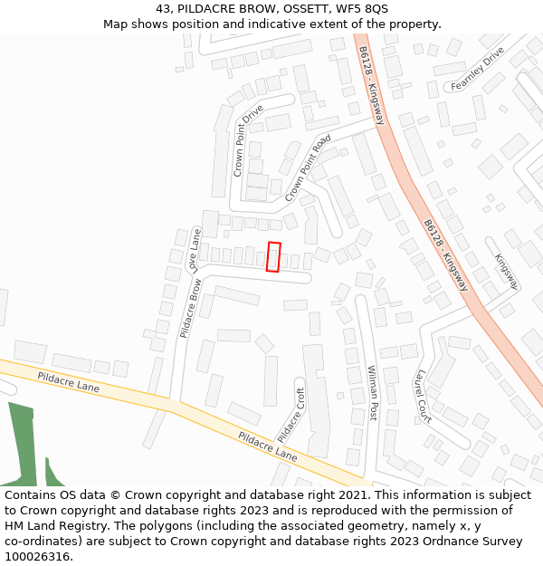 43, PILDACRE BROW, OSSETT, WF5 8QS: Location map and indicative extent of plot