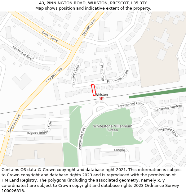 43, PINNINGTON ROAD, WHISTON, PRESCOT, L35 3TY: Location map and indicative extent of plot