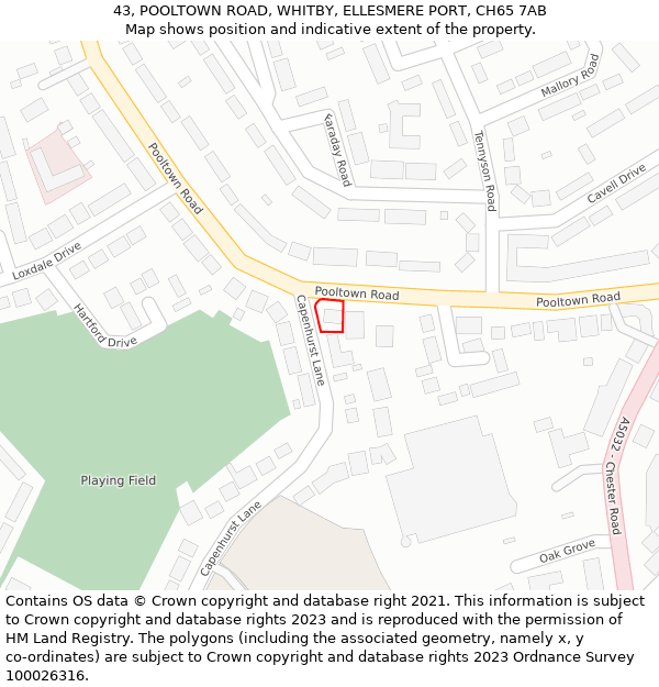 43, POOLTOWN ROAD, WHITBY, ELLESMERE PORT, CH65 7AB: Location map and indicative extent of plot