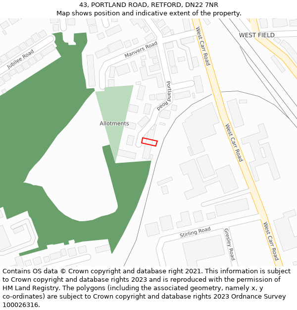 43, PORTLAND ROAD, RETFORD, DN22 7NR: Location map and indicative extent of plot