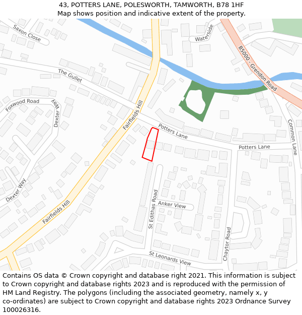 43, POTTERS LANE, POLESWORTH, TAMWORTH, B78 1HF: Location map and indicative extent of plot