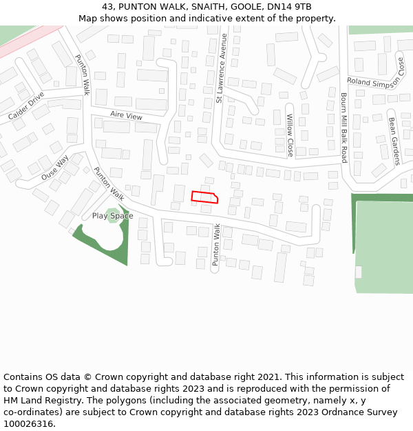 43, PUNTON WALK, SNAITH, GOOLE, DN14 9TB: Location map and indicative extent of plot