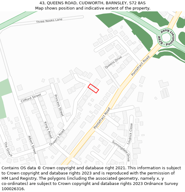 43, QUEENS ROAD, CUDWORTH, BARNSLEY, S72 8AS: Location map and indicative extent of plot