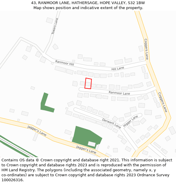 43, RANMOOR LANE, HATHERSAGE, HOPE VALLEY, S32 1BW: Location map and indicative extent of plot