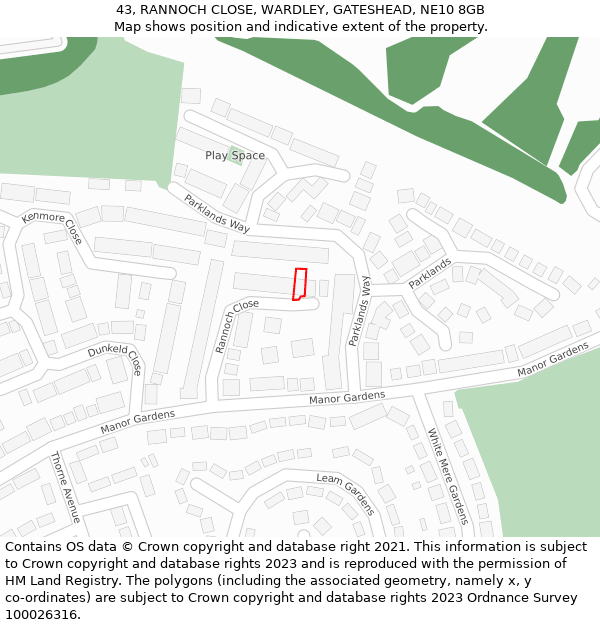 43, RANNOCH CLOSE, WARDLEY, GATESHEAD, NE10 8GB: Location map and indicative extent of plot