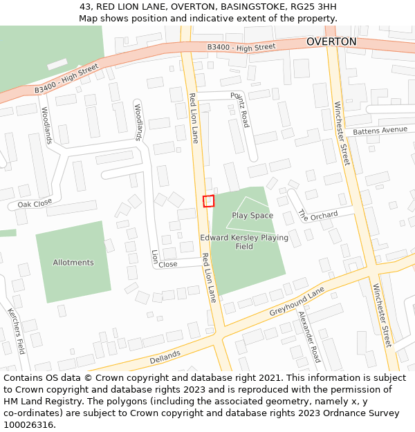 43, RED LION LANE, OVERTON, BASINGSTOKE, RG25 3HH: Location map and indicative extent of plot