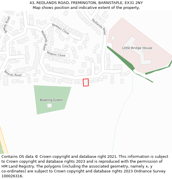 43, REDLANDS ROAD, FREMINGTON, BARNSTAPLE, EX31 2NY: Location map and indicative extent of plot