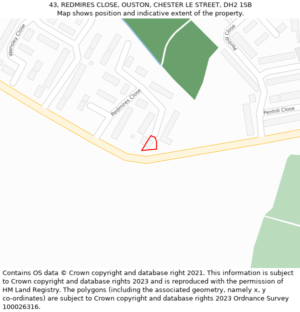 43, REDMIRES CLOSE, OUSTON, CHESTER LE STREET, DH2 1SB: Location map and indicative extent of plot