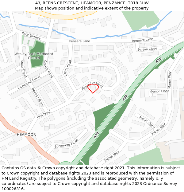 43, REENS CRESCENT, HEAMOOR, PENZANCE, TR18 3HW: Location map and indicative extent of plot