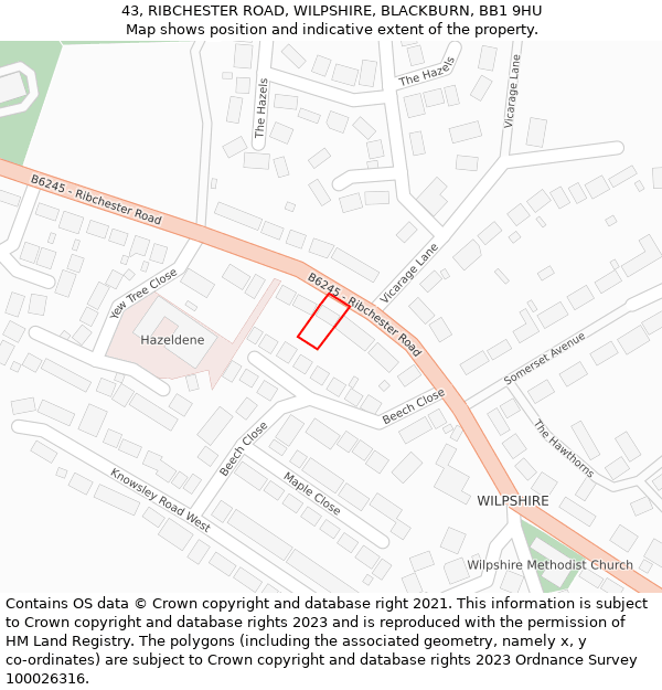 43, RIBCHESTER ROAD, WILPSHIRE, BLACKBURN, BB1 9HU: Location map and indicative extent of plot