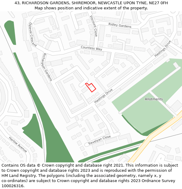 43, RICHARDSON GARDENS, SHIREMOOR, NEWCASTLE UPON TYNE, NE27 0FH: Location map and indicative extent of plot