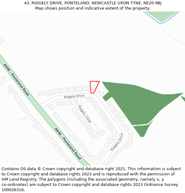 43, RIDGELY DRIVE, PONTELAND, NEWCASTLE UPON TYNE, NE20 9BJ: Location map and indicative extent of plot