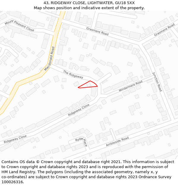 43, RIDGEWAY CLOSE, LIGHTWATER, GU18 5XX: Location map and indicative extent of plot