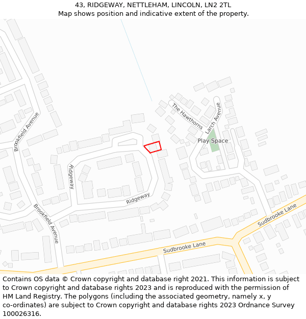 43, RIDGEWAY, NETTLEHAM, LINCOLN, LN2 2TL: Location map and indicative extent of plot