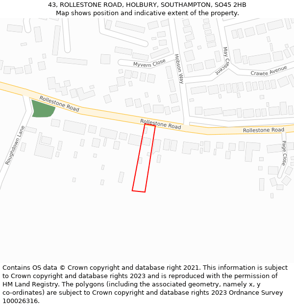 43, ROLLESTONE ROAD, HOLBURY, SOUTHAMPTON, SO45 2HB: Location map and indicative extent of plot