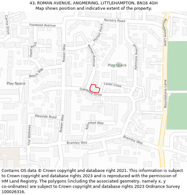 43, ROMAN AVENUE, ANGMERING, LITTLEHAMPTON, BN16 4GH: Location map and indicative extent of plot
