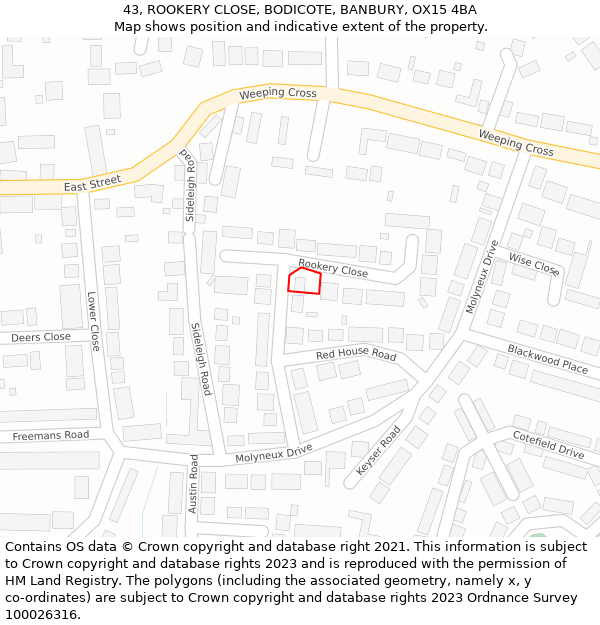 43, ROOKERY CLOSE, BODICOTE, BANBURY, OX15 4BA: Location map and indicative extent of plot