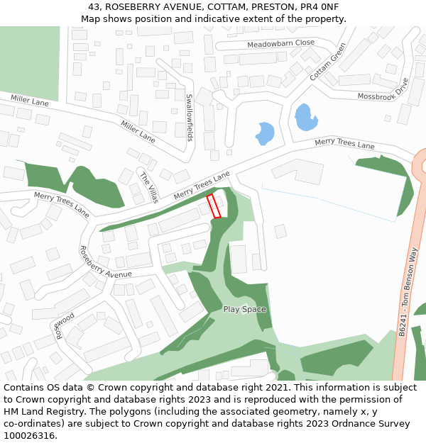 43, ROSEBERRY AVENUE, COTTAM, PRESTON, PR4 0NF: Location map and indicative extent of plot