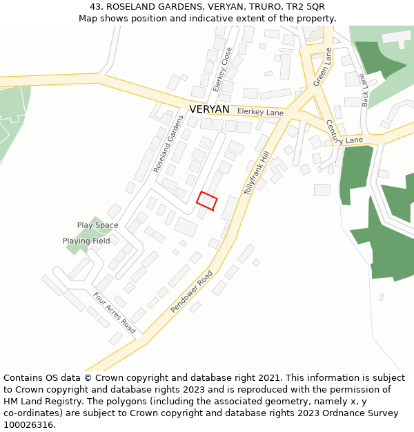 43, ROSELAND GARDENS, VERYAN, TRURO, TR2 5QR: Location map and indicative extent of plot