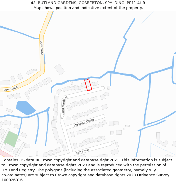 43, RUTLAND GARDENS, GOSBERTON, SPALDING, PE11 4HR: Location map and indicative extent of plot