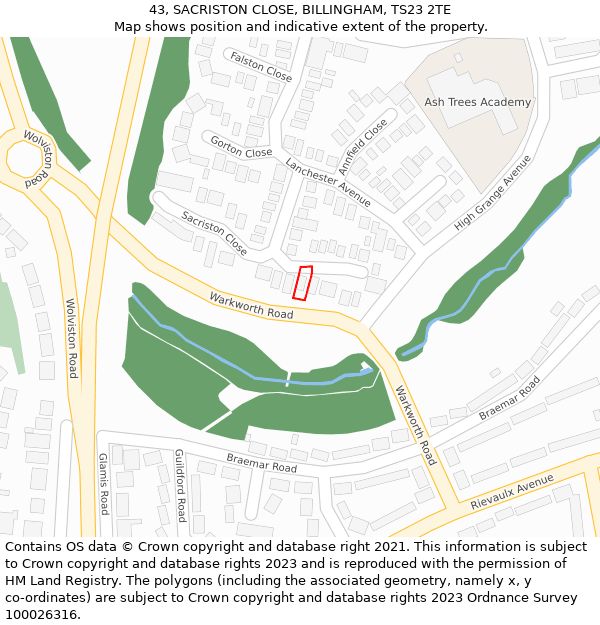 43, SACRISTON CLOSE, BILLINGHAM, TS23 2TE: Location map and indicative extent of plot