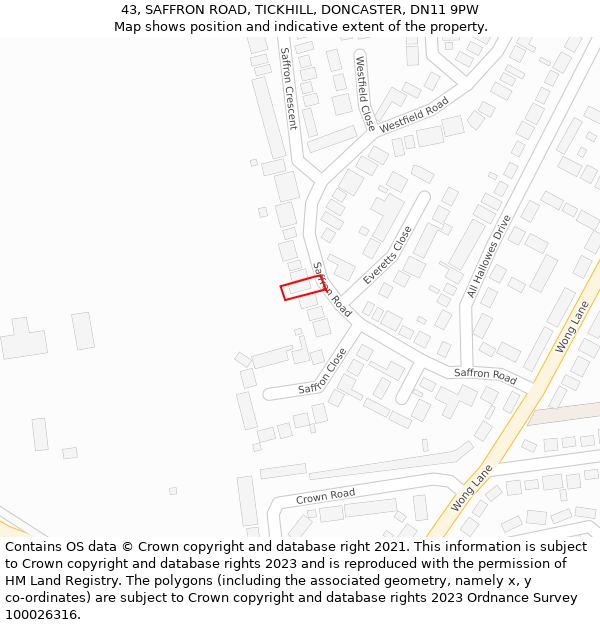 43, SAFFRON ROAD, TICKHILL, DONCASTER, DN11 9PW: Location map and indicative extent of plot