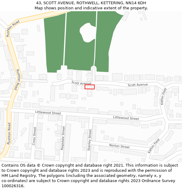 43, SCOTT AVENUE, ROTHWELL, KETTERING, NN14 6DH: Location map and indicative extent of plot