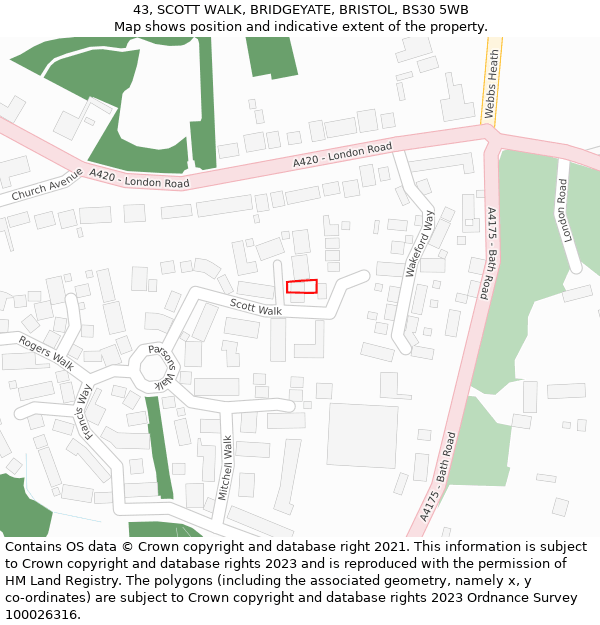 43, SCOTT WALK, BRIDGEYATE, BRISTOL, BS30 5WB: Location map and indicative extent of plot