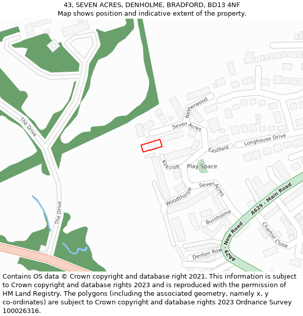 43, SEVEN ACRES, DENHOLME, BRADFORD, BD13 4NF: Location map and indicative extent of plot