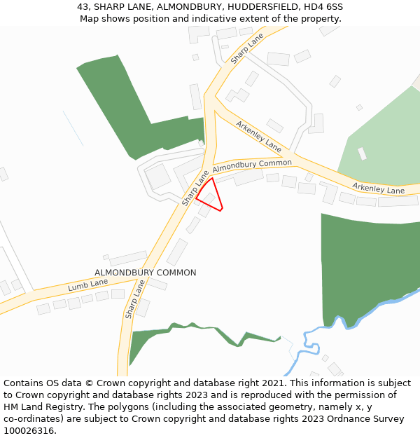 43, SHARP LANE, ALMONDBURY, HUDDERSFIELD, HD4 6SS: Location map and indicative extent of plot