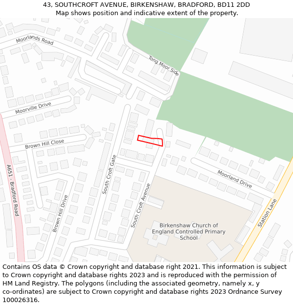 43, SOUTHCROFT AVENUE, BIRKENSHAW, BRADFORD, BD11 2DD: Location map and indicative extent of plot