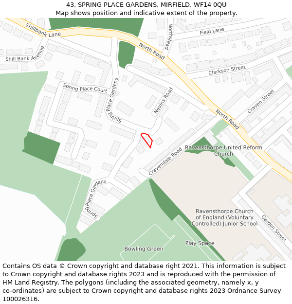 43, SPRING PLACE GARDENS, MIRFIELD, WF14 0QU: Location map and indicative extent of plot
