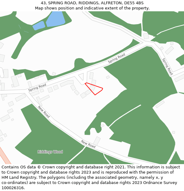 43, SPRING ROAD, RIDDINGS, ALFRETON, DE55 4BS: Location map and indicative extent of plot