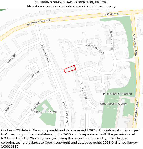 43, SPRING SHAW ROAD, ORPINGTON, BR5 2RH: Location map and indicative extent of plot