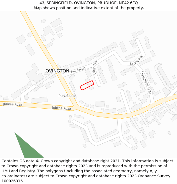 43, SPRINGFIELD, OVINGTON, PRUDHOE, NE42 6EQ: Location map and indicative extent of plot