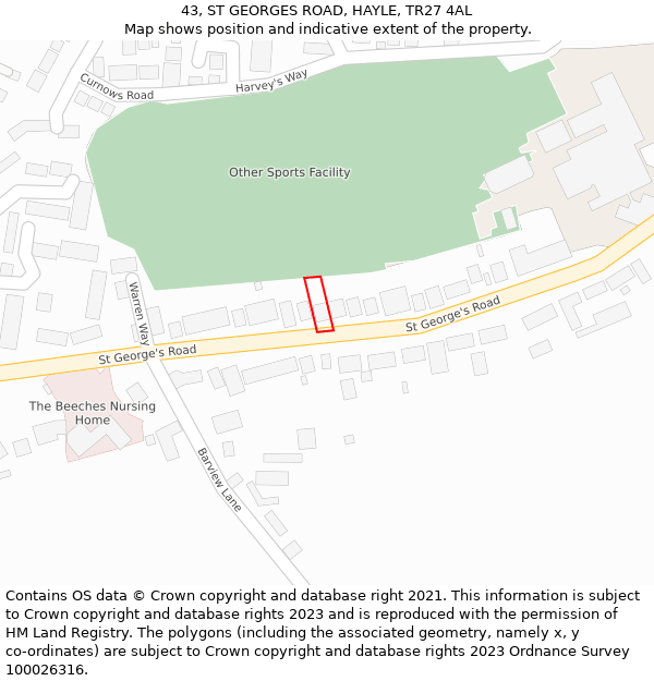 43, ST GEORGES ROAD, HAYLE, TR27 4AL: Location map and indicative extent of plot