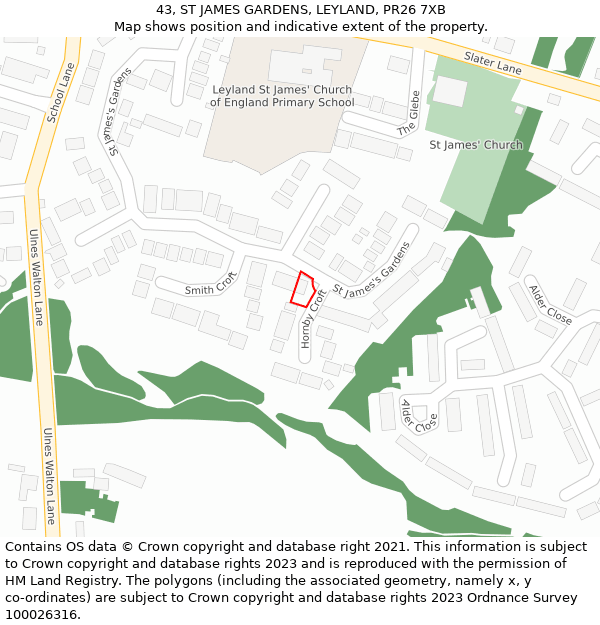 43, ST JAMES GARDENS, LEYLAND, PR26 7XB: Location map and indicative extent of plot