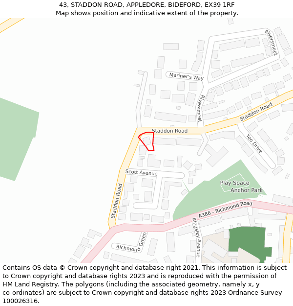 43, STADDON ROAD, APPLEDORE, BIDEFORD, EX39 1RF: Location map and indicative extent of plot