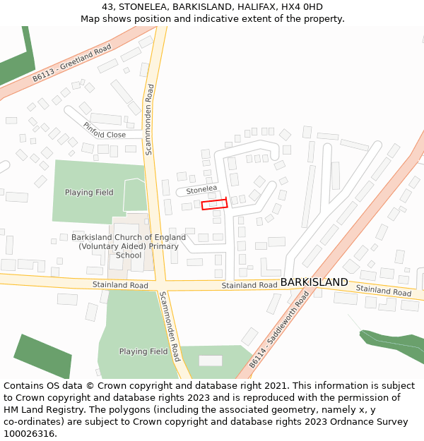 43, STONELEA, BARKISLAND, HALIFAX, HX4 0HD: Location map and indicative extent of plot