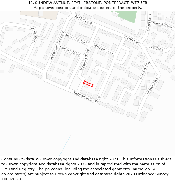 43, SUNDEW AVENUE, FEATHERSTONE, PONTEFRACT, WF7 5FB: Location map and indicative extent of plot