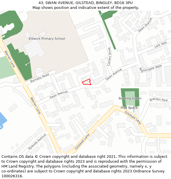 43, SWAN AVENUE, GILSTEAD, BINGLEY, BD16 3PU: Location map and indicative extent of plot